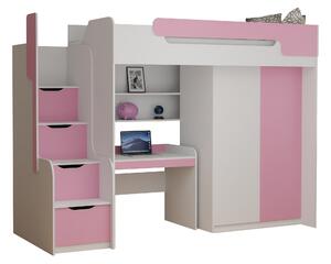 Dětská vyvýšená postel s psacím stolem a skříní DORIAN - 200x90 cm - růžová
