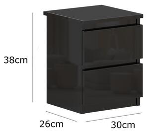 VBChome Noční stolek 30 x 26 x 38 cm Černý lesklý noční stolek se 2 zásuvkami do ložnice Bezručový kancelářský pokoj Moderní