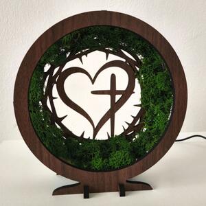 Dřevěná LED lampa s mechem - Srdce a Kříž I SENTOP LED0582