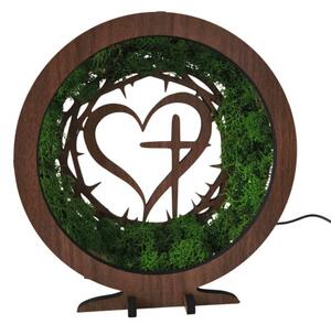 Dřevěná LED lampa s mechem - Srdce a Kříž I SENTOP LED0582