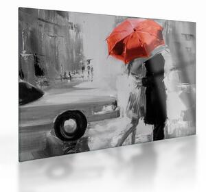 Skleněný obraz - Zamilovaný pár pod deštníkem, červený (70x50 cm)