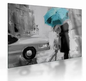Skleněný obraz - Zamilovaný pár s deštníkem, modrý (70x50 cm)