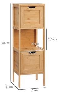 Kleankin volně stojící koupelnová skříňka se skříňkami a bambusovými nohami, 2 odnímatelné zásuvky a 1 police - přírodní design - 30 x 30 x 90 cm | Ao