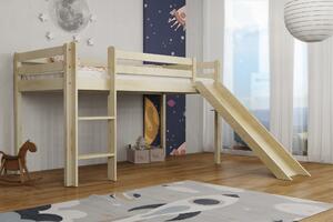 Dětská vyvýšená postel z masivu borovice se skluzavkou BERTÍK 180x80 cm - přírodní