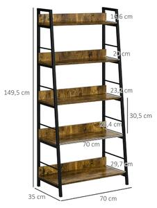 HOMCOM Knihovna v industriálním stylu, nakloněná, 5 polic, 70L x 35W x 150H cm | Aosom