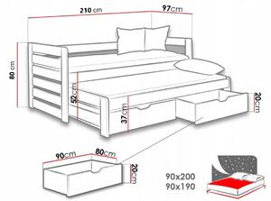 Dětská postel z masivu MATYÁŠ s přistýlkou a šuplíky - 200x90 cm - grafit/šedá