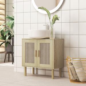 HOMCOM koupelnová skříňka pod umyvadlo, úložný prostor, ratanové dveře, bohémský styl, nohy z borovice, 2 úrovně, 60 x 30 x 60 cm, Dub | Aosom