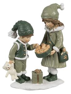 Dekorativní figurka děti v zeleném kabátku s tácem sušenek – 10x5x13 cm