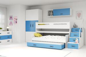 Patrová postel 80 x 200 cm Moxxo 1 (bílá + modrá) (s rošty, matracemi a úl. prostorem). 1056467