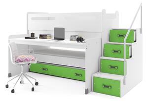 Patrová postel 80 x 200 cm Moxxo 1 (bílá + zelená) (s rošty, matracemi a úl. prostorem). 1056469