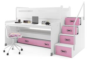 Patrová postel 80 x 200 cm Moxxo 1 (bílá + růžová) (s rošty, matracemi a úl. prostorem). 1056468