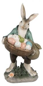 Velikonoční figurka králíčka v zeleném kabátku s velkým plným košíkem barevných vajíček – 32 cm