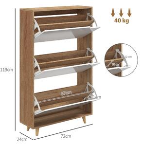 HOMCOM Botník se 3 dveřmi, regál na boty s nastavitelnou policí, 72Š x 24H x 119V cm, Přírodní a Bílý | Aosom
