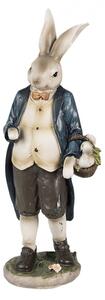 Velikonoční figurka králíčka v hnědých kraťasech s košíkem puntíkatých vajíček – 25 cm