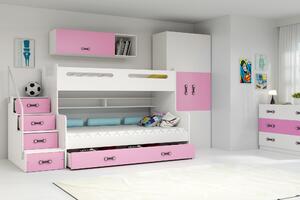 Patrová postel 120 x 200 cm Moxxo 3 (bílá + růžová) (s rošty, matracemi a úl. prostorem). 1056473