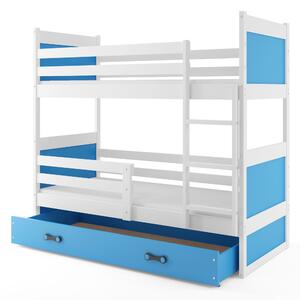 Patrová postel 80 x 160 cm Ronnie B (bílá + modrá) (s rošty, matracemi a úl. prostorem). 1056587