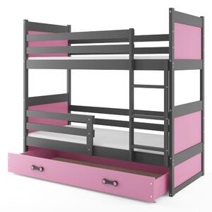 Patrová postel 80 x 160 cm Ronnie B (grafit + růžová) (s rošty, matracemi a úl. prostorem). 1056593