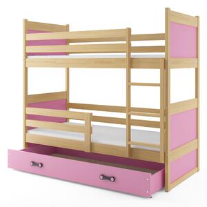 Patrová postel 80 x 160 cm Ronnie B (borovice + růžová) (s rošty, matracemi a úl. prostorem). 1056598