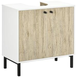 Kleankin Skříňka pod umyvadlo pro moderní umyvadla s kovovými nohami a dvojitými dveřmi 60 x 30 x 60 cm - Bílá a dřevěná barva | Aosom