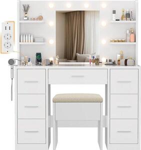 Toaletní stolek se zrcadlem – Kosmetický stolek – Úložný prostor do ložnice – Nastavitelné LED osvětlení – 110x40x137 cm – Bílá barva
