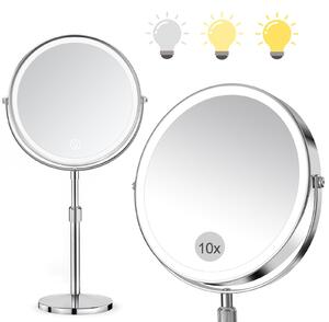 Kosmetické zrcadlo s LED osvětlením - 10x zvětšení - 1x - Oboustranné zvětšovací zrcadlo s 3 režimy osvětlení - Výška nastavitelná