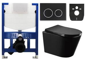 Mexen Fenix XS-F rám podomítkový do WC - 60800 + Mexen Fenix 07 XS tlačítko pro splachování - černá + Mexen Rico WC mísa Rimless, WC sedátko se zpomalovacím mechanismem, Slim, duroplast - černá matná - 30721085