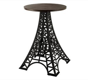 Industriální barový stůl Eiffel s kulatou hnědou masivní deskou a černou kovovou podstavou s designem Eiffelovy věže 70 cm