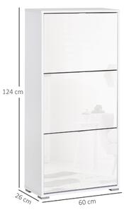 HOMCOM Skříň na boty s 3 výklopnými dvířky a 3 přihrádkami, dřevo 60L x 26Š x 124V cm, vysoce lesklá bílá | Aosom