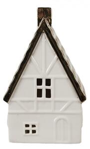 Bílý porcelánový dekorační domeček s černou střechou a komínem L – 16 cm