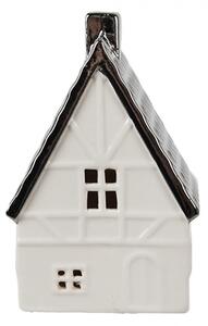 Bílý porcelánový dekorační domeček s černou střechou a komínem M – 12 cm