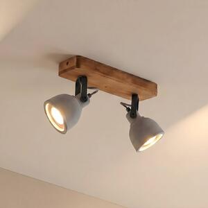 Lindby Spot Mitis, 30 cm, 2 světla, šedá, dřevo, beton, GU10, stmívatelný, Tmavé dřevo, Obývací pokoj / jídelna, Beton, Industriální design