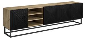 TV stolek Asha 200 cm s rýhovaným čelem a výklenkem na kovovém rámu - dub artisan / černý mat
