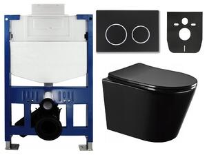 Mexen Fenix XS-U rám podomítkový do WC - 60850 + Mexen Fenix 07 XS tlačítko pro splachování - černá + Mexen Rico WC mísa Rimless, WC sedátko se zpomalovacím mechanismem, Slim, duroplast - černá matná - 30721085