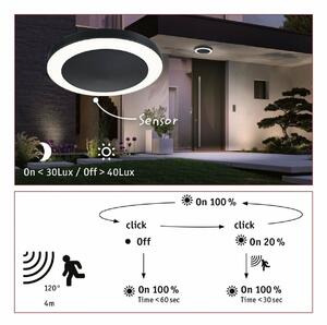 PAULMANN LED stropní svítidlo Circula soumrakový senzor a pohybové čidlo pohybové čidlo teplá bílá IP44 kruhové 320mm 3000K 14W 230V antracit umělá hmota