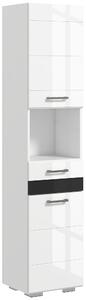 Kleankin sloupec pro úsporu místa do koupelny z MDF, koupelnová skříň s otevřenou policí, zásuvkou a uzavřenou skříňkou, 37x32,5x170 cm, leskle bílá |