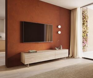 DELIFE TV stolek Cuor 220 cm keramika Laminam® Travertino Bianco krémově bílá 1 výklopná dvířka 2 zásuvky podnož závěsná akrylglas