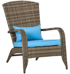 Zahradní křeslo Adirondack Outsunny s područkami a polštáři, ratan a ocel, 64x80x90 cm, Hnědé a Modré | Aosom