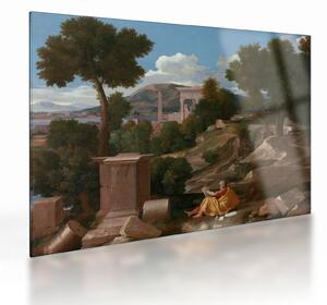 Skleněný obraz - Nicolas Poussin, Landscape with Saint John on Patmos, reprodukce (70x50 cm)