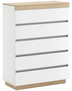 HOMCOM 5-Drawer Dřevěný Komoda s 5 Šuplíky, Komoda do Ložnice s Mechanismem proti Převisnutí, 80x40x109 cm, Bílá a dub | Aosom