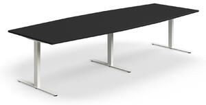 AJ Produkty Jednací stůl QBUS, T-nohy, 3200x1200 mm, tvar člunu, bílá podnož, černá