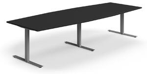 AJ Produkty Jednací stůl QBUS, T-nohy, 3200x1200 mm, tvar člunu, stříbrná podnož, černá