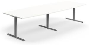 AJ Produkty Jednací stůl QBUS, T-nohy, 3200x1200 mm, tvar člunu, stříbrná podnož, bílá