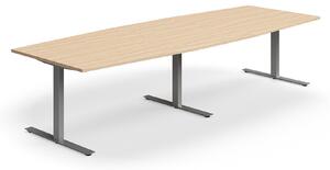 AJ Produkty Jednací stůl QBUS, T-nohy, 3200x1200 mm, tvar člunu, stříbrná podnož, dub