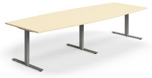 AJ Produkty Jednací stůl QBUS, T-nohy, 3200x1200 mm, tvar člunu, stříbrná podnož, bříza