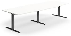 AJ Produkty Jednací stůl QBUS, T-nohy, 3200x1200 mm, tvar člunu, černá podnož, bílá