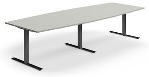 AJ Produkty Jednací stůl QBUS, T-nohy, 3200x1200 mm, tvar člunu, černá podnož, světle šedá