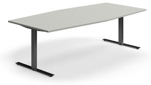 AJ Produkty Jednací stůl QBUS, T-nohy, 2400x1200 mm, tvar člunu, černá podnož, světle šedá
