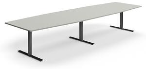 AJ Produkty Jednací stůl QBUS, T-nohy, 4000x1200 mm, tvar člunu, černá podnož, světle šedá