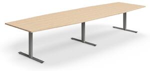 AJ Produkty Jednací stůl QBUS, T-nohy, 4000x1200 mm, tvar člunu, stříbrná podnož, dub