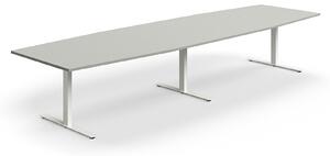 AJ Produkty Jednací stůl QBUS, T-nohy, 4000x1200 mm, tvar člunu, bílá podnož, světle šedá